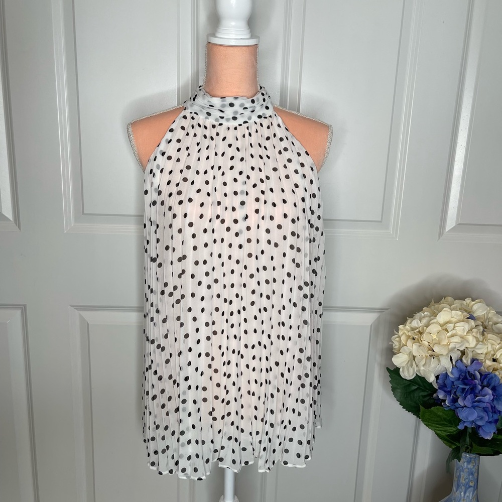 KARL LAGERFELD PARIS Black & White Polka Dot Pleated Chiffon Halter Top LG B12